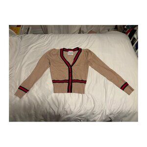 Alexia Admor light tan, red, and black cardigan